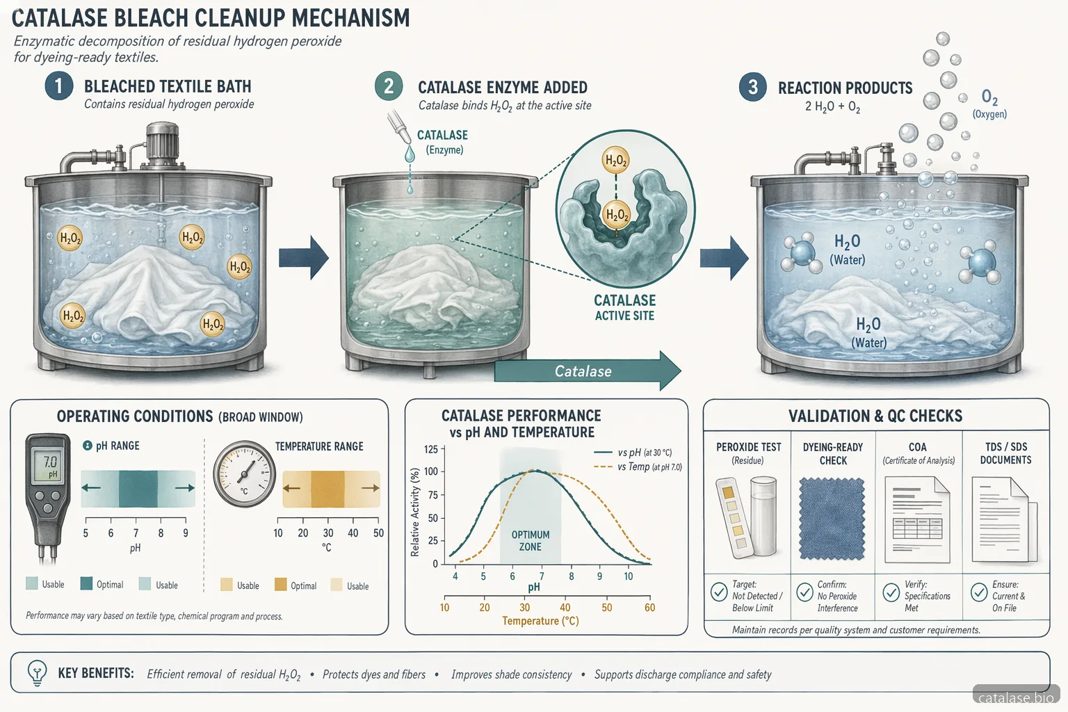 catalase enzyme formula textile bleach cleanup diagram showing H2O2 conversion, pH temperature, dosing, and QC