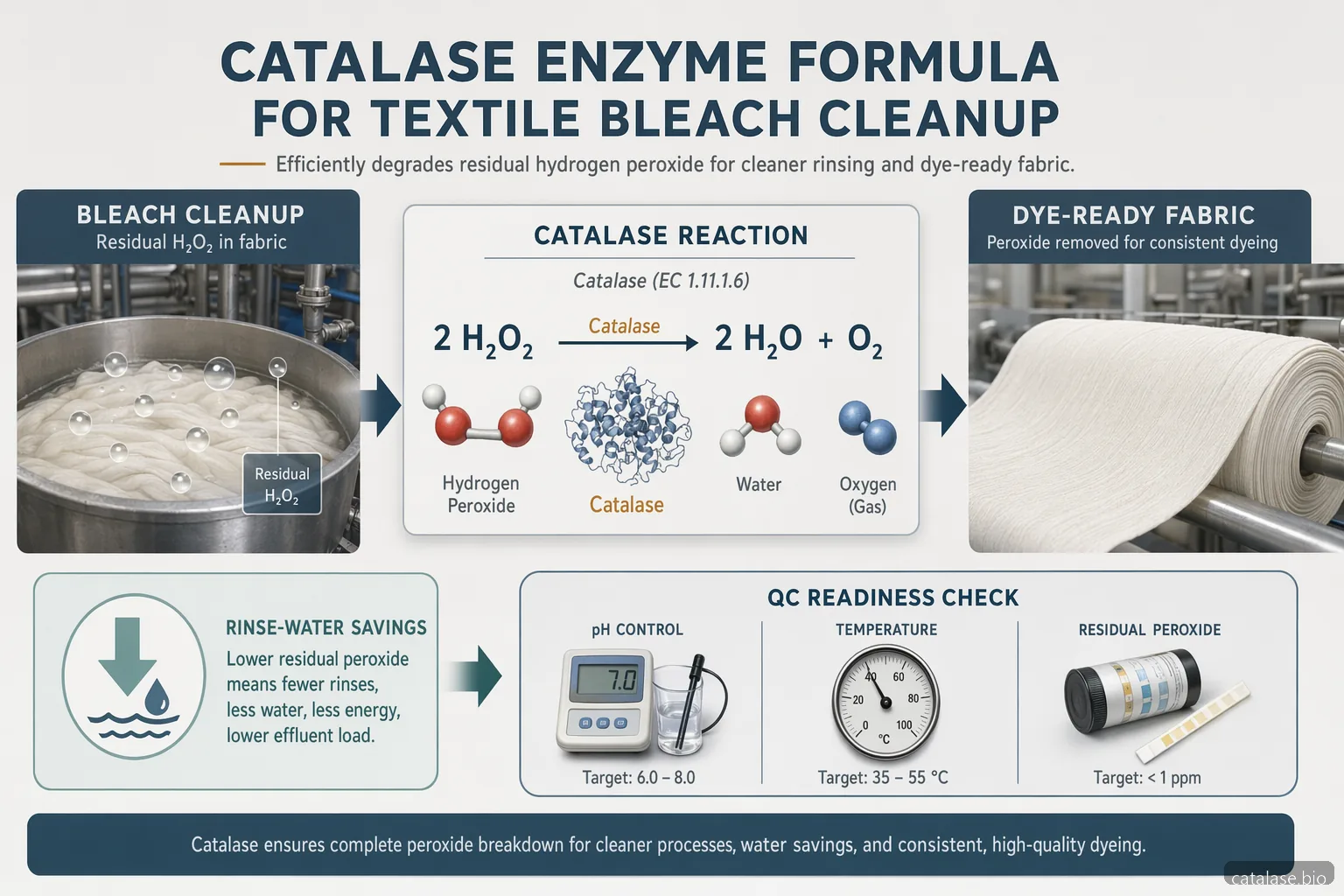 catalase enzyme formula textile bleach cleanup infographic with peroxide conversion, rinse savings, and QC icons