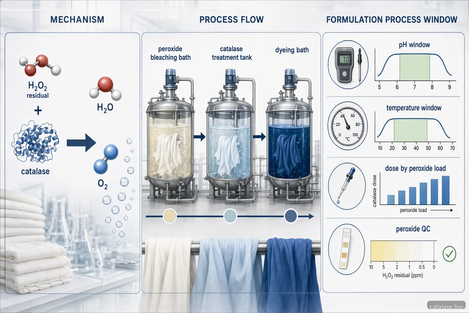 enzymes catalase textile bleach cleanup diagram mapping peroxide breakdown, pH-temperature window, and dosing