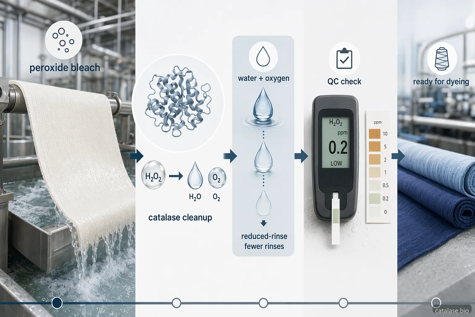 enzymes catalase textile bleach cleanup infographic showing peroxide conversion, fewer rinses, and QC control