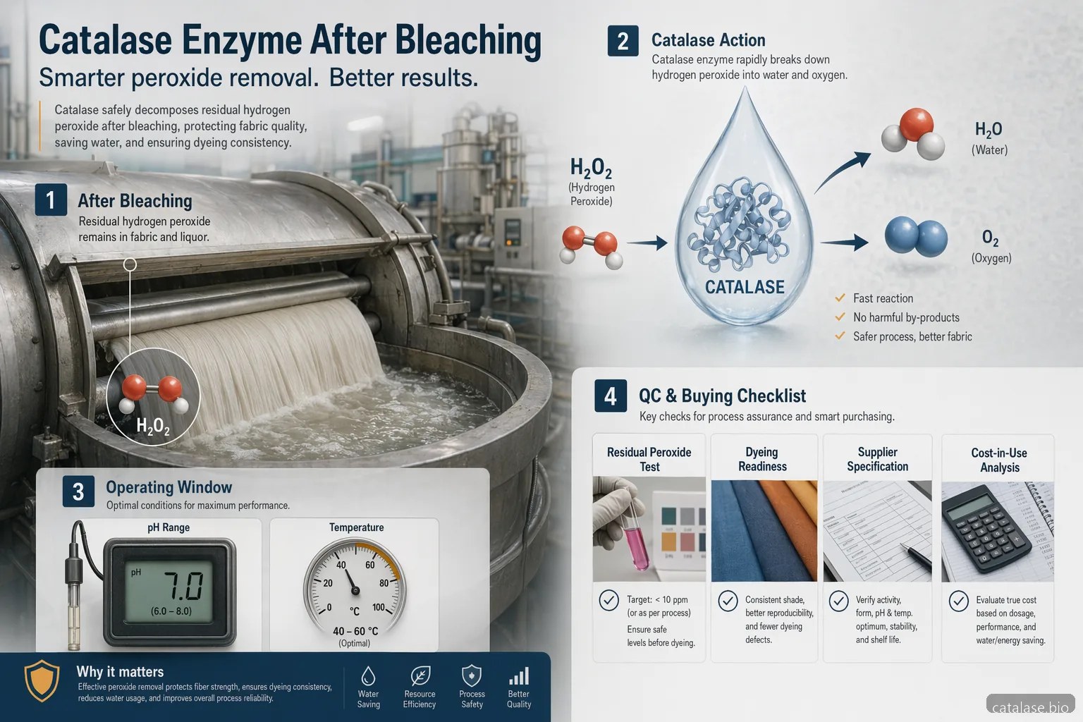 textile catalase enzyme industry report bleach cleanup guide with catalase dosing, pH-temperature window, QC dyeing checks